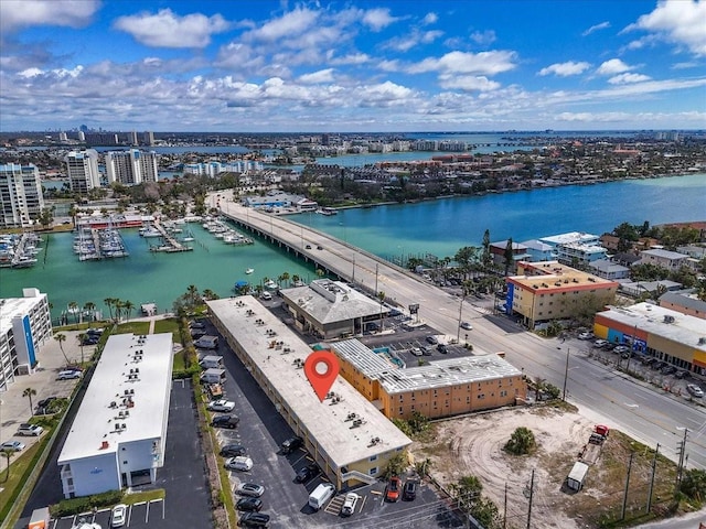 bird's eye view with a water view and a city view