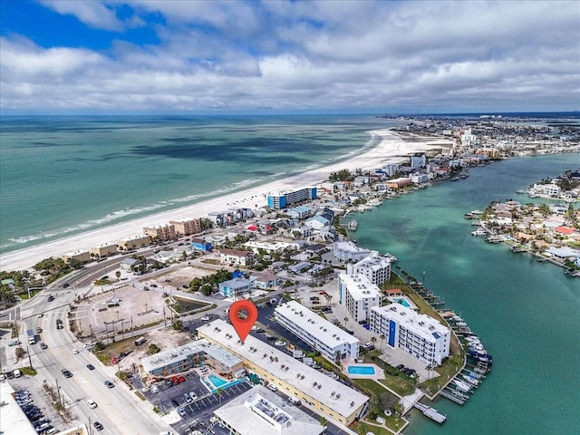 aerial view with a view of city, a beach view, and a water view