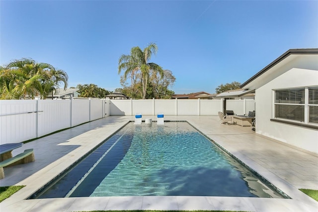 view of pool featuring a fenced backyard, a fenced in pool, and a patio