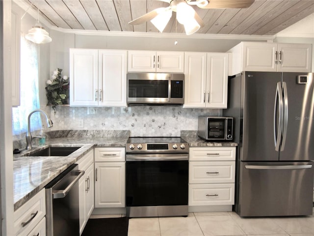 kitchen with appliances with stainless steel finishes, wooden ceiling, a sink, and light stone counters