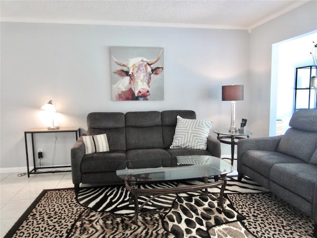 tiled living area with a textured ceiling, baseboards, and crown molding