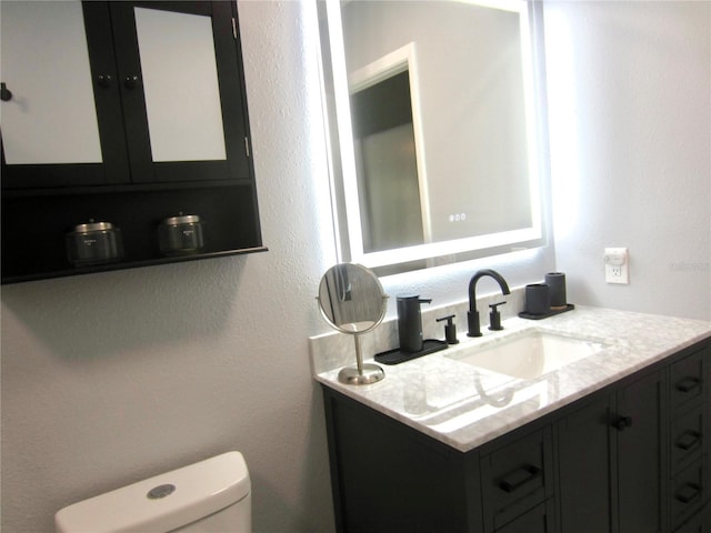 bathroom with toilet, a textured wall, and vanity