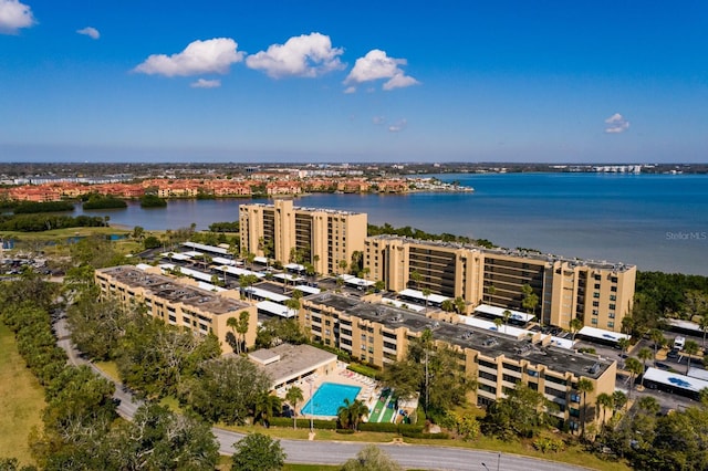 aerial view with a water view and a city view