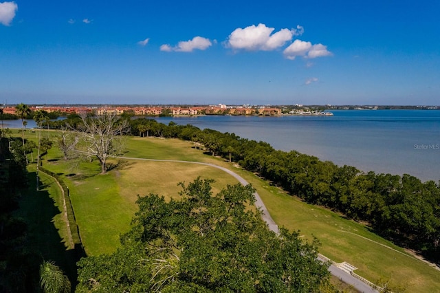 drone / aerial view featuring a water view