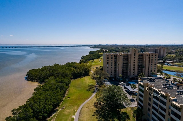 drone / aerial view with a water view