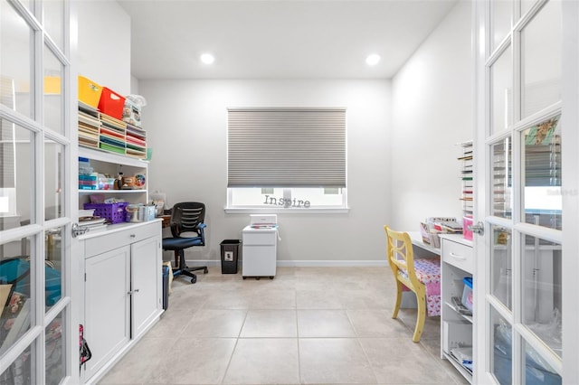 office featuring recessed lighting, french doors, light tile patterned flooring, and baseboards