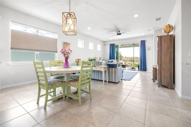 dining space featuring light tile patterned floors, baseboards, visible vents, ceiling fan, and recessed lighting