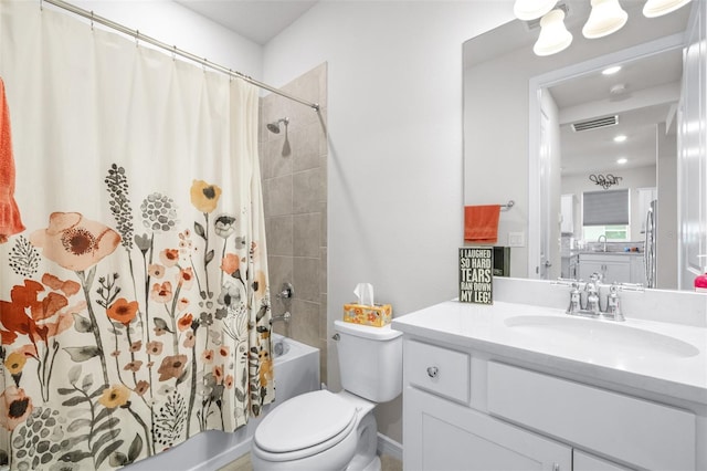 bathroom with shower / tub combo with curtain, recessed lighting, visible vents, toilet, and vanity