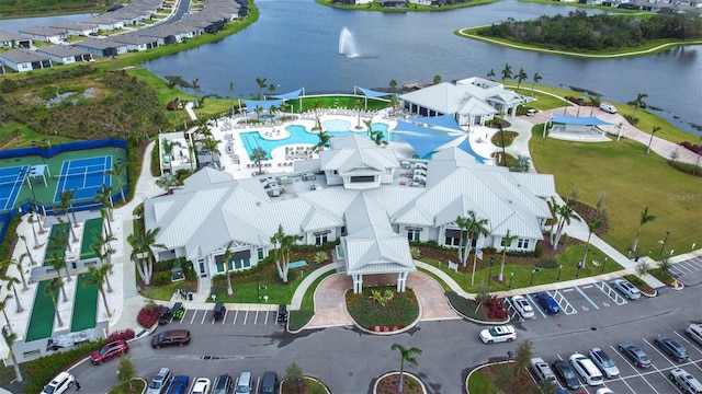 aerial view with a water view and a residential view