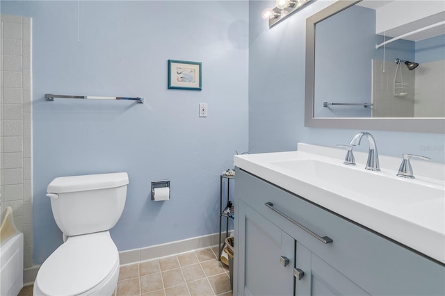 bathroom featuring shower / bathtub combination, toilet, vanity, tile patterned flooring, and baseboards