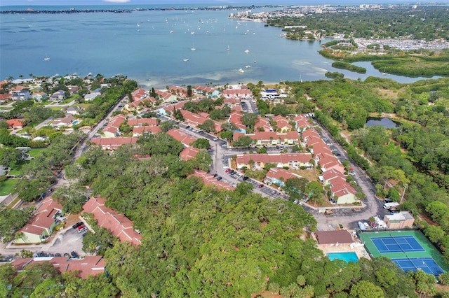 aerial view featuring a water view and a residential view