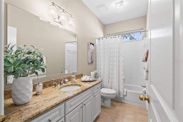 bathroom with toilet, tile patterned flooring, shower / tub combo with curtain, and vanity