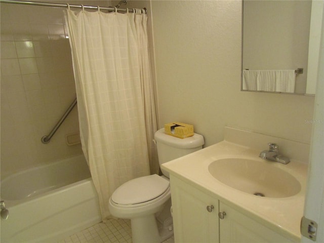 bathroom with vanity, tile patterned flooring, shower / bath combination with curtain, and toilet