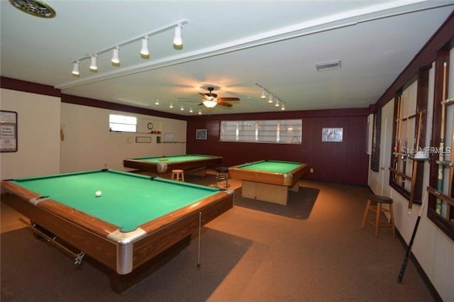 rec room featuring rail lighting, visible vents, and billiards