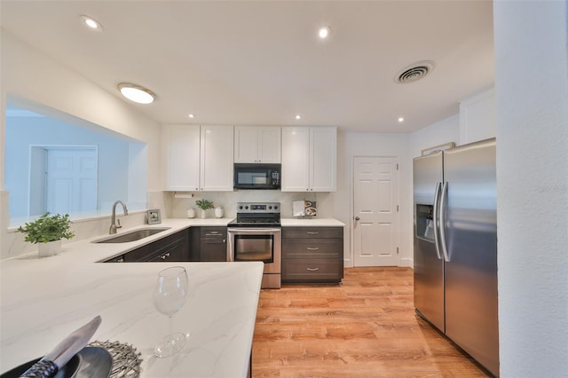 kitchen with white cabinets, visible vents, stainless steel appliances, and a sink