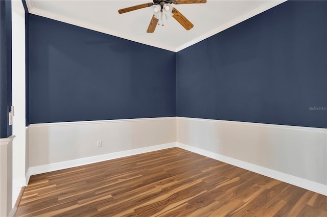 unfurnished room with baseboards, crown molding, ceiling fan, and wood finished floors