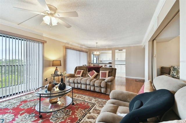 living area with ornamental molding, ceiling fan with notable chandelier, a textured ceiling, and wood finished floors