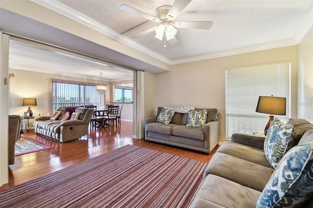 living room featuring baseboards, ceiling fan, ornamental molding, wood finished floors, and a textured ceiling