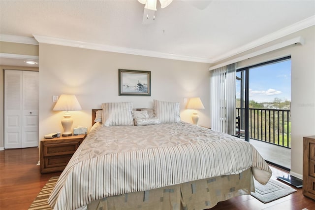 bedroom with a ceiling fan, baseboards, access to exterior, ornamental molding, and dark wood finished floors