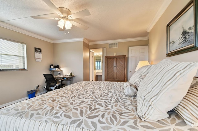 bedroom featuring a ceiling fan, a textured ceiling, visible vents, and crown molding