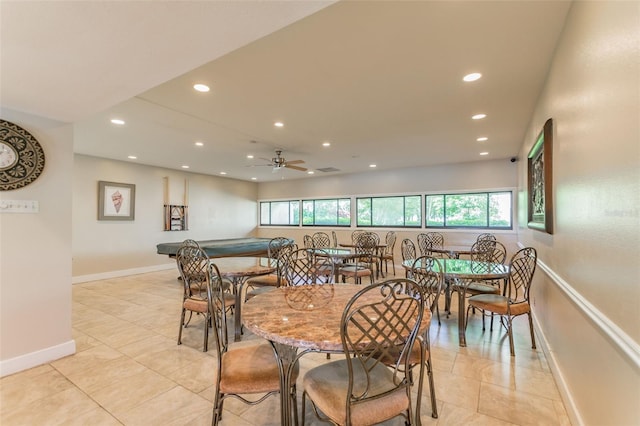 dining space with baseboards, ceiling fan, and recessed lighting