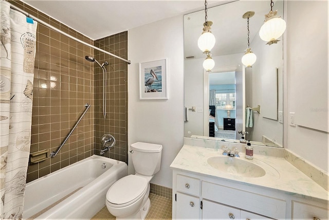 bathroom featuring vanity, toilet, and shower / tub combo with curtain