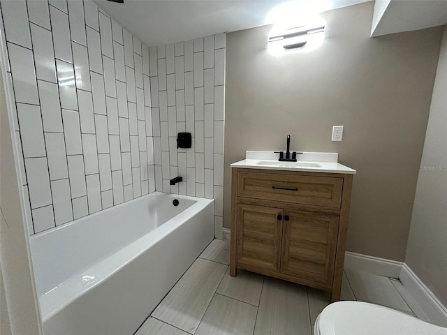 full bath with toilet, shower / bathtub combination, vanity, and baseboards