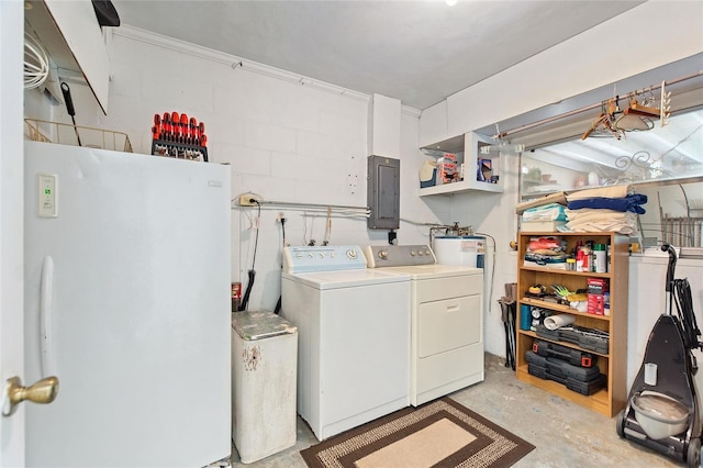 4310 Indian Lake Dr, Indian Lake Estates, FL 33855 - clothes washing area with concrete block wall, water heater, washing machine and dryer, laundry area, and electric panel
