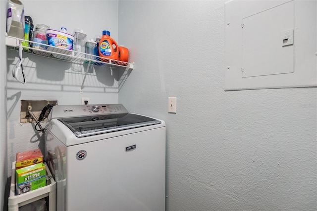 laundry area with washer / dryer, laundry area, electric panel, and a textured wall