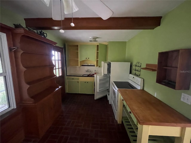 kitchen featuring white electric range oven, brick patterned floor, beamed ceiling, open shelves, and a sink