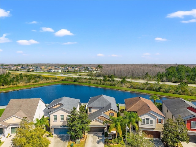 birds eye view of property featuring a water view and a residential view