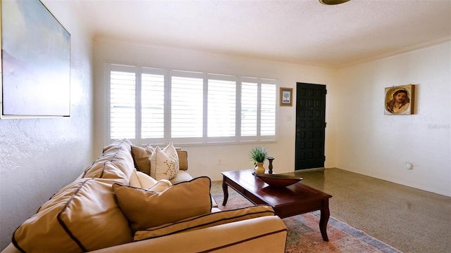 living area with baseboards, speckled floor, and crown molding