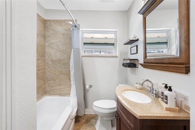 bathroom featuring shower / bath combination with curtain, vanity, and toilet