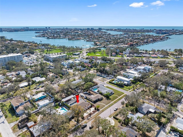 drone / aerial view featuring a water view