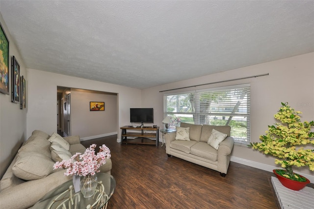 living area with a textured ceiling, wood finished floors, and baseboards