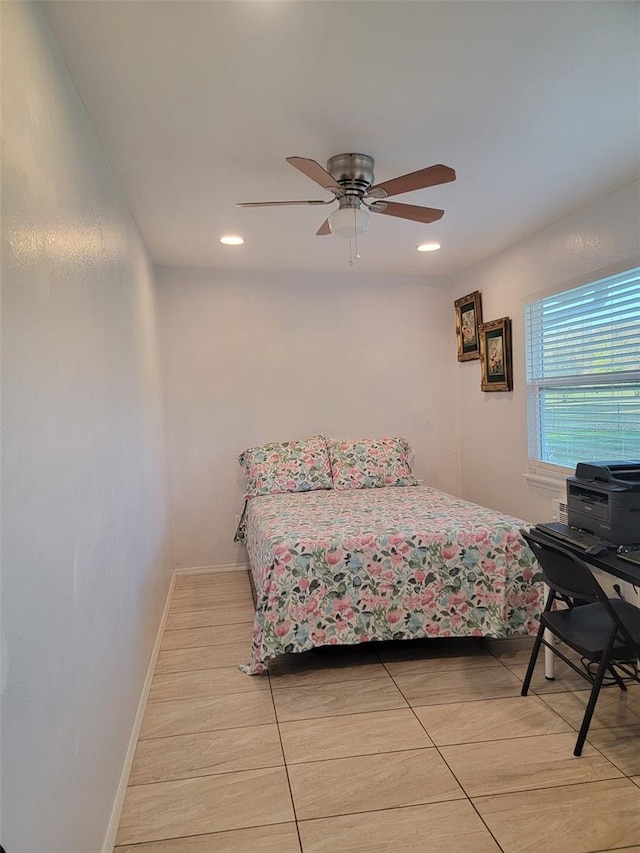 bedroom with baseboards, a ceiling fan, and recessed lighting