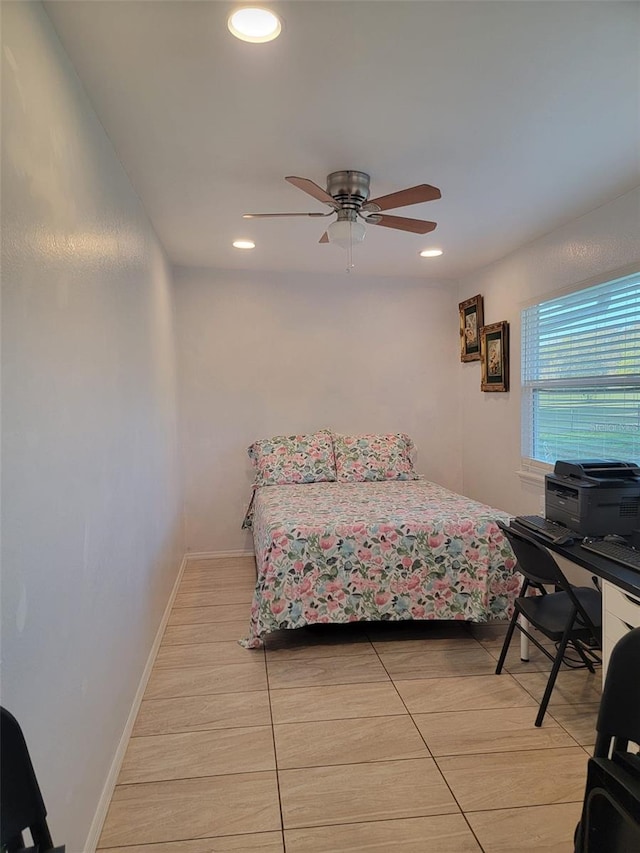 bedroom featuring a ceiling fan, recessed lighting, and baseboards