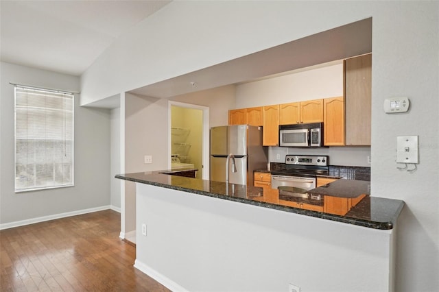 kitchen with baseboards, dark wood-style flooring, dark stone countertops, a peninsula, and stainless steel appliances