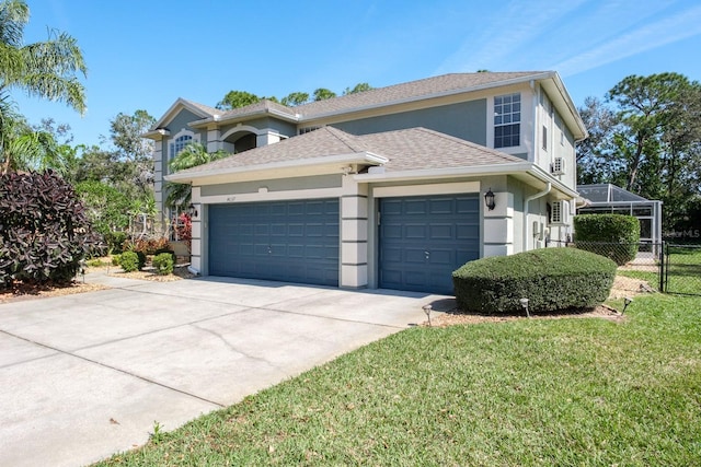 view of front facade featuring a garage, a shingled roof, glass enclosure, stucco siding, and a front yard