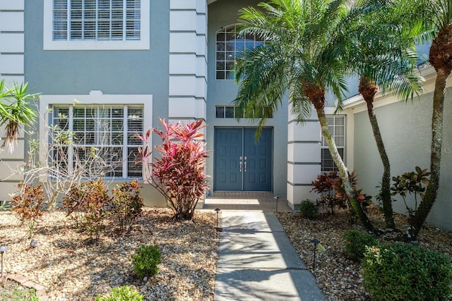 view of exterior entry featuring stucco siding