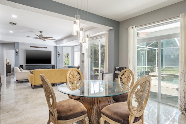 dining room with visible vents, a ceiling fan, and recessed lighting