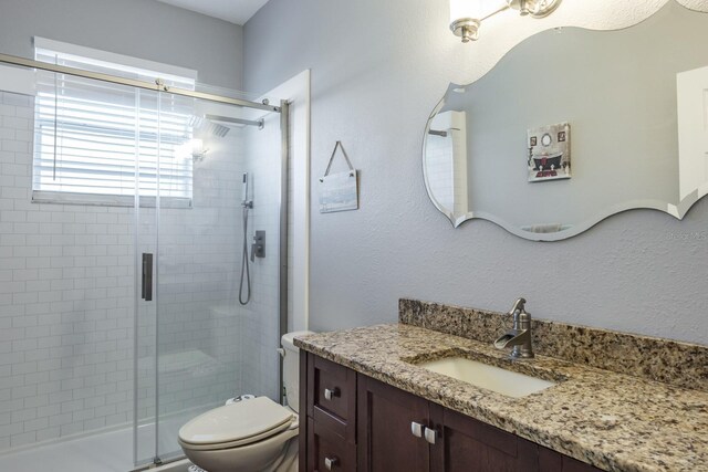 bathroom with a shower stall, vanity, and toilet