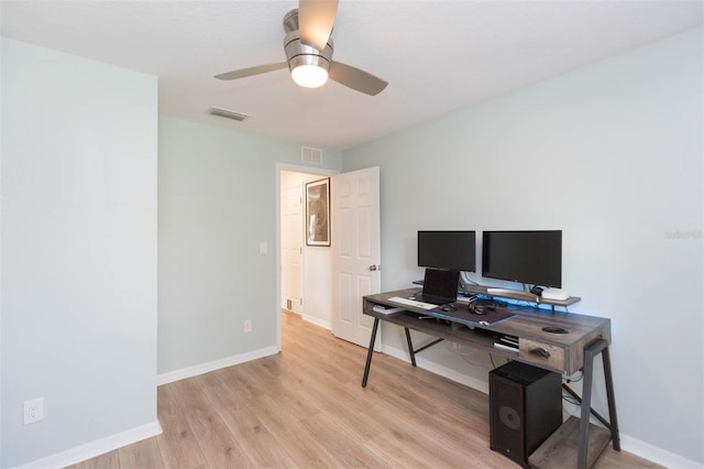 home office featuring ceiling fan, light wood finished floors, visible vents, and baseboards