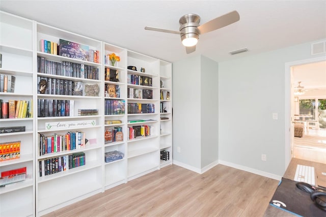 sitting room with baseboards, ceiling fan, visible vents, and wood finished floors