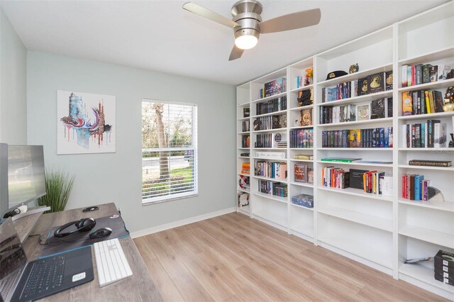 office featuring ceiling fan, baseboards, and wood finished floors