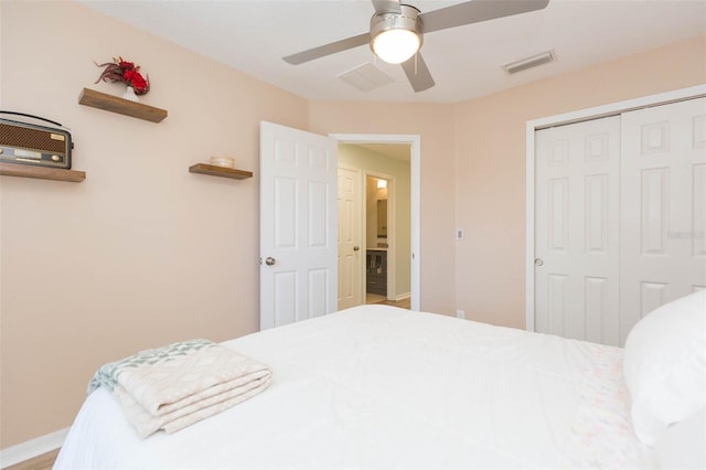 bedroom featuring a closet, visible vents, ceiling fan, and baseboards