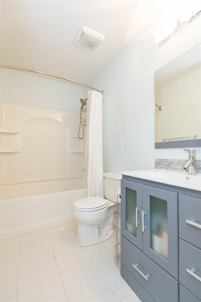 full bath featuring visible vents, shower / bathtub combination with curtain, toilet, vanity, and tile patterned flooring