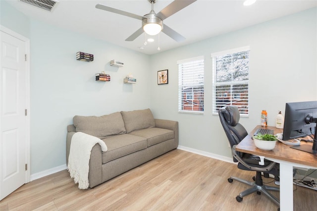 home office with light wood finished floors, baseboards, and visible vents