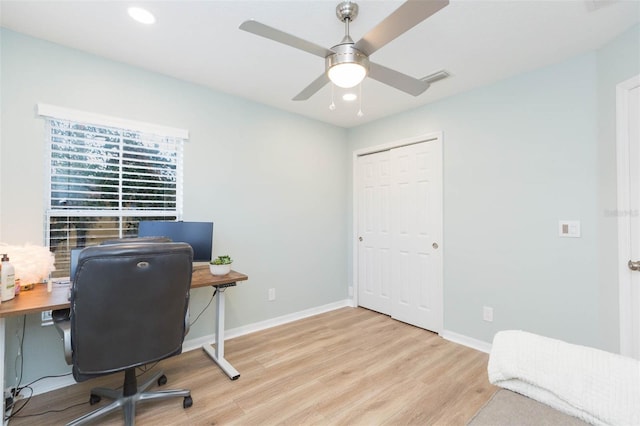 office area featuring visible vents, baseboards, ceiling fan, light wood-style floors, and recessed lighting