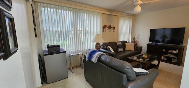 living room featuring light speckled floor